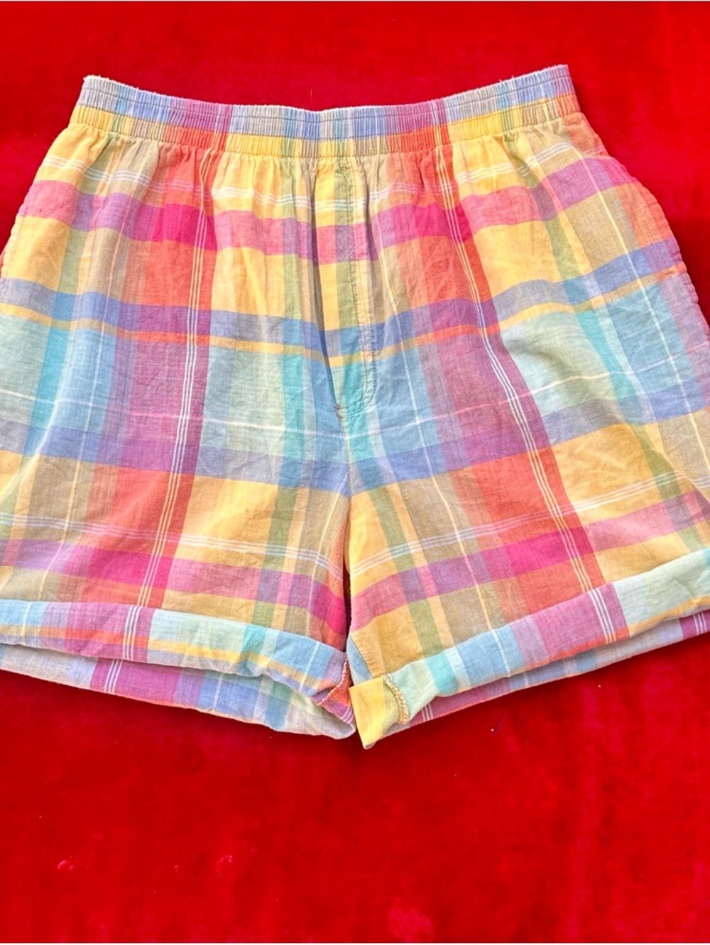Vintage 90s Colorful Cotton Shorts Checkered Pastel Plaid Sz Small Elastic Waist